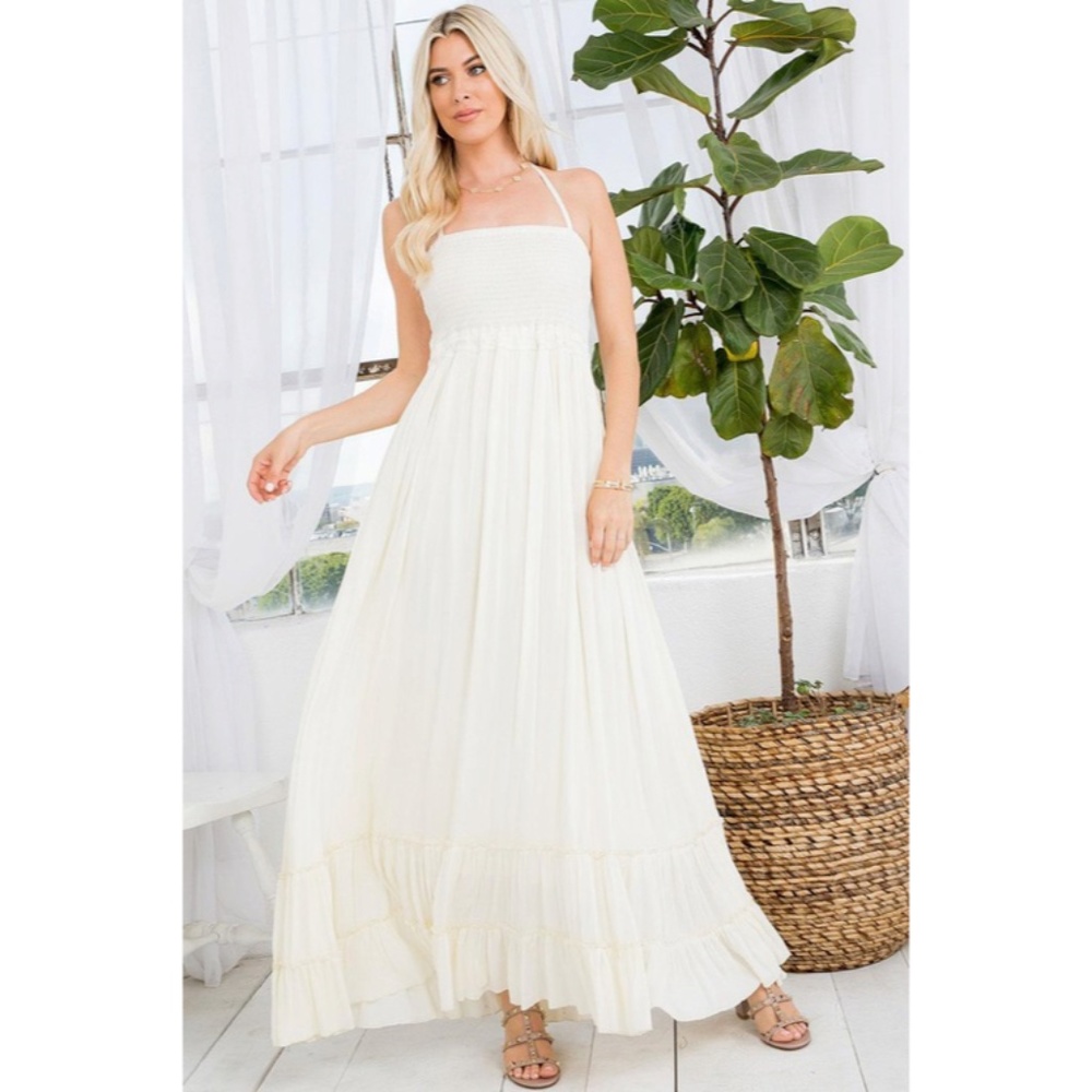 SOLD OUT Bohemian Cream Smocked Halter Open Back Tiered Ruffle Skirt Maxi Dress - Picture 3 of 5